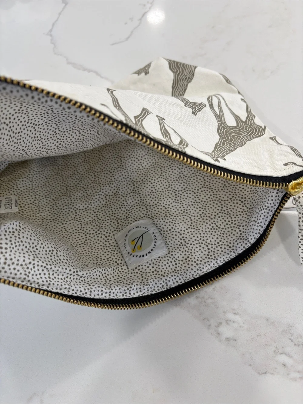 Rock Flower Paper Ivory White Grey Giraffe Print Canvas Large Pouch Cosmetic Bag
